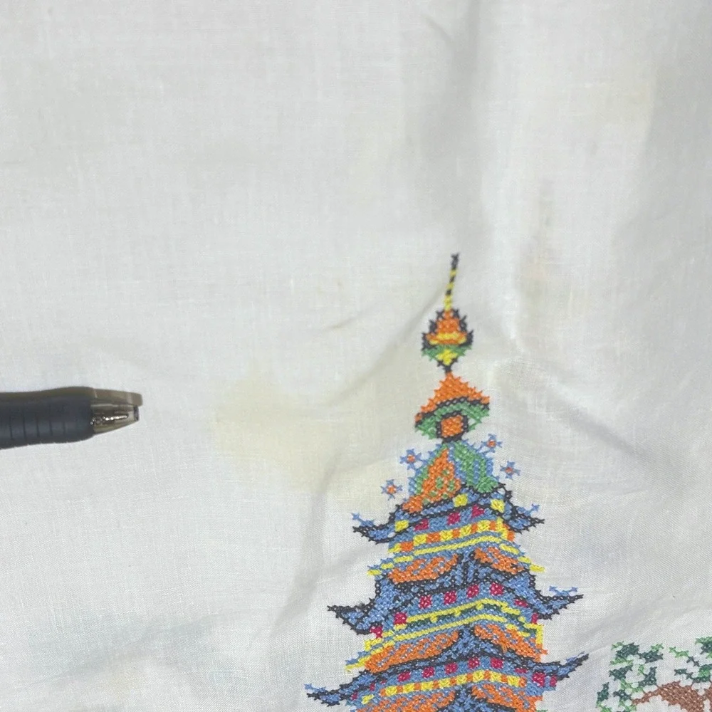 VTG Square Linen Tablecloth 48x48 Cross Stitch Embroidered White Pagoda Asian